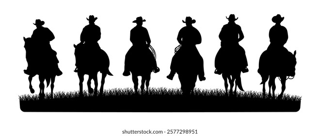 Vector silhouette of some cowboys riding horses in the meadow