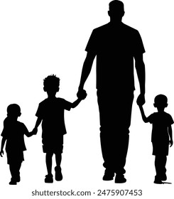 Vector silhouette of son holding hands of father on white background illustration