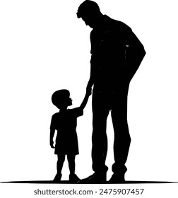 Vector silhouette of son holding hands of father on white background illustration