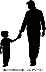 Vector silhouette of son holding hands of father on white background illustration