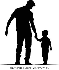 Vector silhouette of son holding hands of father on white background illustration