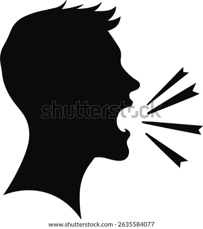 Vector silhouette of speaking person head emoji icon with lines demonstrating speech