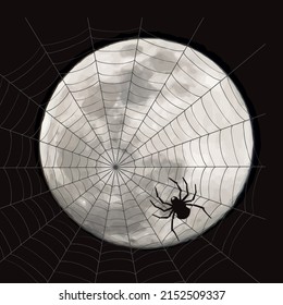 Vector silhouette of spider with cobweb on moon background. Symbol of night and wildlife.