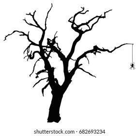 Vector silhouette of a spooky, bare tree with a hanging spider.