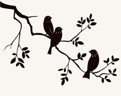 Vektorsilhouette Von Frühlingsvögeln, Die Auf Dem Zweig Des Baumes Sitzen. Zierzweig Mit Vögeln.