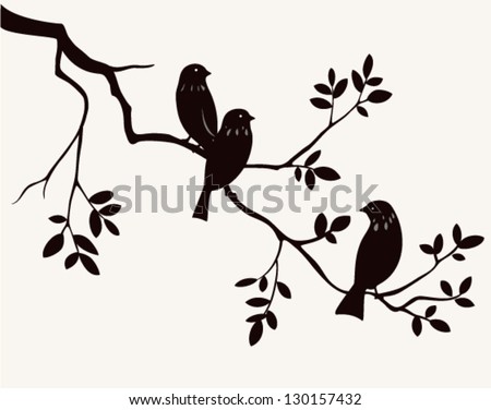 Vector silhouette of spring birds sitting on twig of tree. Decorative branch of tree with birds.