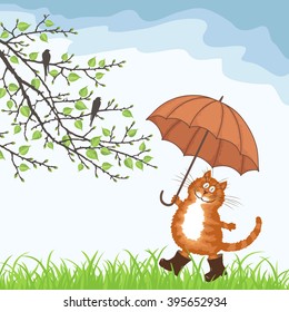 Vector silhouette spring tree  with birds and  cat under umbrella  for your design. Vintage hand drawn illustration with space for text