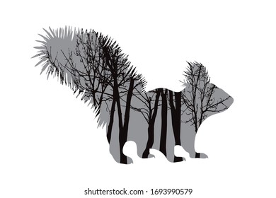 Vector silhouette of squirrel with trees on background. Symbol of forest.