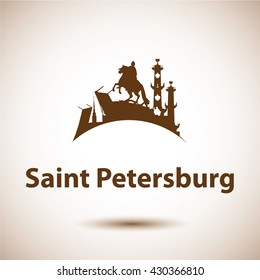 Vector silhouette of St. Petersburg. Bronze Horseman, Peter and Paul Fortress, Rostral column the symbol of Saint Petersburg, Russia