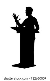 Vector silhouette of a standing businessman on podium. Isolated vector on white background.