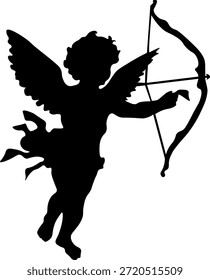 Silueta de Vector de cupido de pie sosteniendo un arco, aislado sobre fondo transparente. Ilustración de ángel romántico ideal para el día de San Valentín, invitaciones de boda y diseños con temas de amor.
