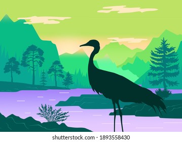 Vector silhouette of standing heron. Beautiful landscape the river flows along the forest on the shore and mountains, clear sky and clouds. Lovely big bird in natural habitat, wild nature inhabitant