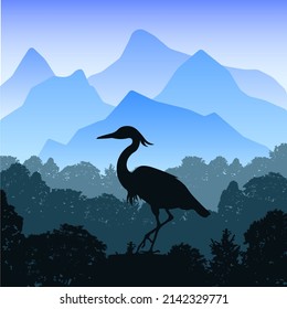 Vector silhouette of standing heron. Beautiful landscape the forest and mountains, clear sky. Lovely big bird in natural habitat, wild nature inhabitant EPS