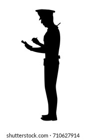 Vector silhouette of a standing policeman on white background