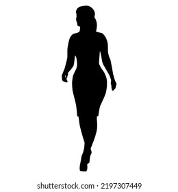 Vector silhouette of  standing  woman, the beautiful plus size fashion woman, black color, isolated on a white background