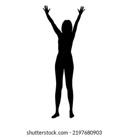 Vector silhouette of a standing woman, hands up, figure of a young girl, sexy profile, black color, isolated on a white background