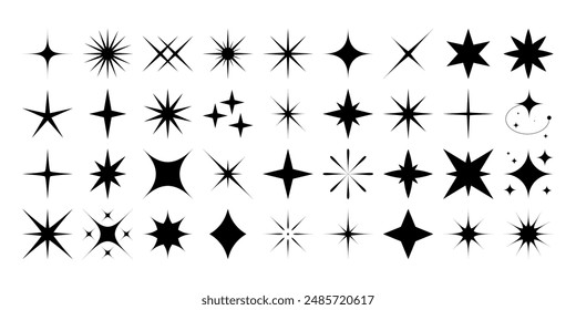 Vector silhouette star icons. Set of different beautiful sparkle explosion. Twinkle shiny star shape symbols. Light glitter element, starburst decorative element. Stock illustration