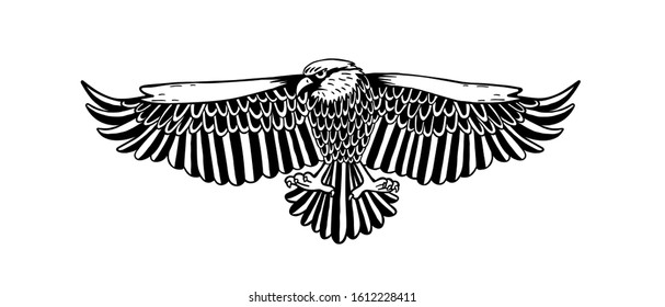 Vector silhouette stencil drawing tattoo illustration of a flying black bird eagle with spread wings isolated on white background.Artistic abstract design for t shirt print and sticker.