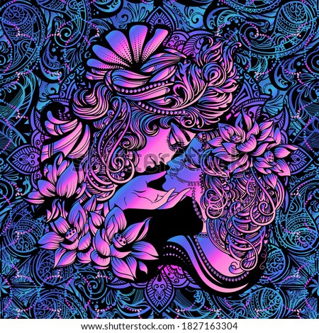 Vector silhouette and stencil of Hindu Lord Krishna and Goddess Radha framed by lotuses. Graceful, sophisticated and ornate digital illustration for Indian Janmashtami