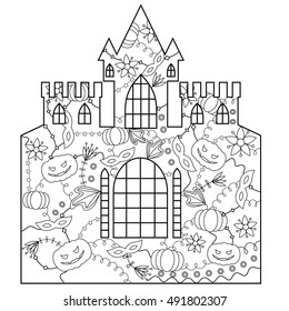 vector silhouette, stencil, template halloween castle coloring