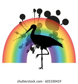 Vector silhouette of stork with rainbow and splashes
