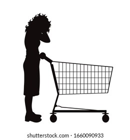 Vector silhouette of stressed woman push shopping cart on white background. Symbol of shop accessories.