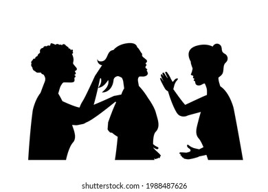 Vector silhouette of a strong girl bullying a weaker girl, Editable Objects