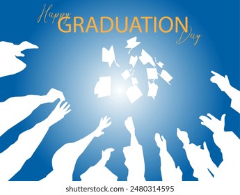 vector silhouette of students throwing toga hats celebrating happy graduation day into the blue sky