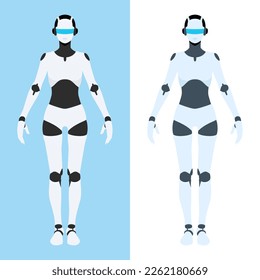 Vector of a silhouette style android robot drawn in flat design. There are two variations: blue background and white background. This android illustration is a full body female figure.