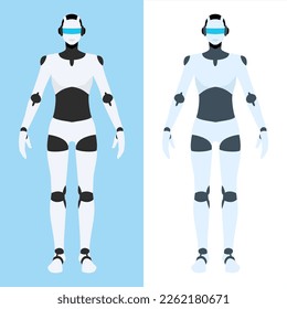 Vector de un robot androide de estilo silueta dibujado en diseño plano. Hay dos variaciones: fondo azul y fondo blanco. Esta ilustración androide es una figura masculina de cuerpo completo.