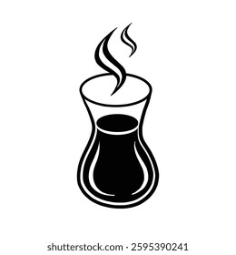 Vector silhouette style of hot Turkish tea cup in plate and sugar isolated Turkish tea cup on white background. Glass of tea cup. Vector design element for graphic design Traditional drink in Turkey. 