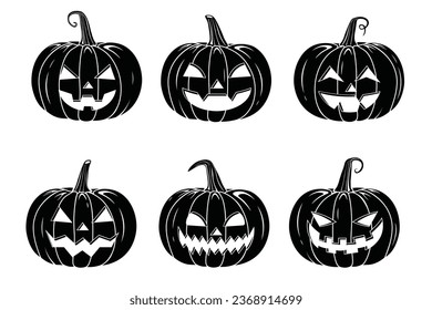 Vector Silhouette Style Scary Smiling Halloween Pumpkins Set Isolated on white background Black and White  pumpkin line illustration with creepy  face expressions Happy Halloween Trick or Treat. 