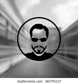 Vector silhouette of a stylish young man with a beard in sunglasses on a blurred background. Logo, picture, design element.