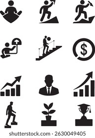 silhueta vetorial de Sucesso, stock, avanço, carreira, lucro, Crescimento, subida, evolução, ícone ou símbolos de desempenho