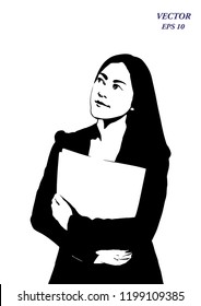 Vector silhouette of successful asian woman looking confident thoughtful. Businesswoman holding document folder and looking up, isolated on white background. EPS10