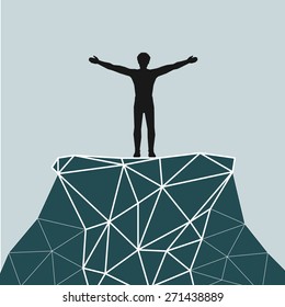 Vector silhouette of a successful mountaineering on a mountain summit. Vector illustration scale to any size. All elements are grouped.