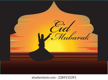 vector silhouette Sufi dance people celebrating eid mubarak on the hill evening orange background frame mosque door arabic ornament in the sunset day