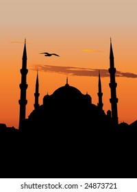 Vector silhouette of the Sultan Ahmed Mosque or Blue Mosque in Istanbul against sunset sky