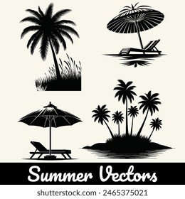 Vector silhouette of a summer beach and tree icon collection.