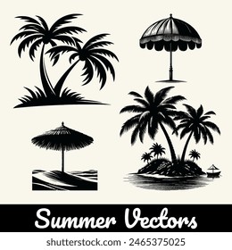 Vector silhouette of a summer beach and tree icon collection.