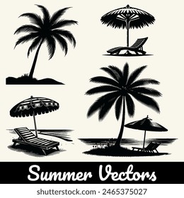 Vector silhouette of a summer beach and tree icon collection.