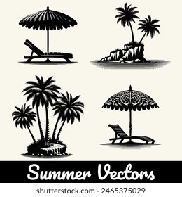 Silueta de Vector de una playa de verano y colección de iconos de árbol.