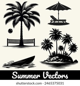 Vector silhouette of a summer beach and tree icon collection.