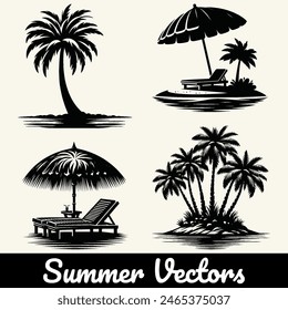 Vector silhouette of a summer beach and tree icon collection.