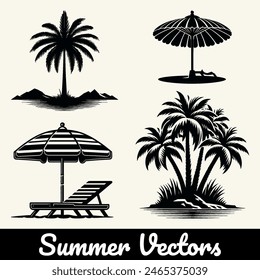 Silueta de Vector de una playa de verano y colección de iconos de árbol.