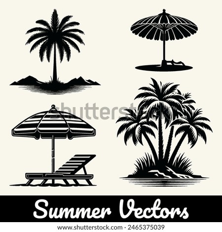 Vector silhouette of a summer beach and tree icon collection.