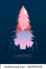 Vector silhouette summer camp poster template with lake, forest and mountains on soft background.
