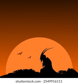 Vector silhouette in the sunset - Dark creature with horns - Mythology and culture - Beings of the past and belief in ancient gods