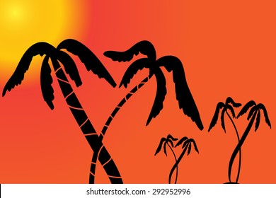 Vector silhouette of sunset with palm tree.