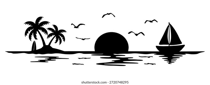 Vektor Silhouette eines Sonnenuntergangs Blick auf das Meer, Segelboote, Palmen und tropische Strandlandschaft.